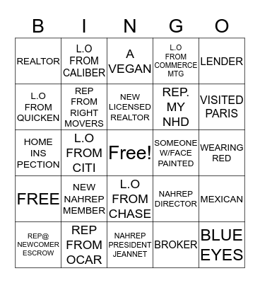 NAHREP NETWORKING BINGO Card