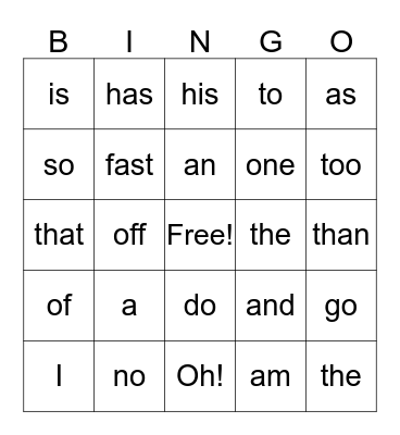 Sight Words Bingo Card