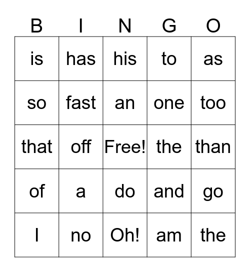 Sight Words Bingo Card