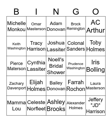 Character Names Bingo Card