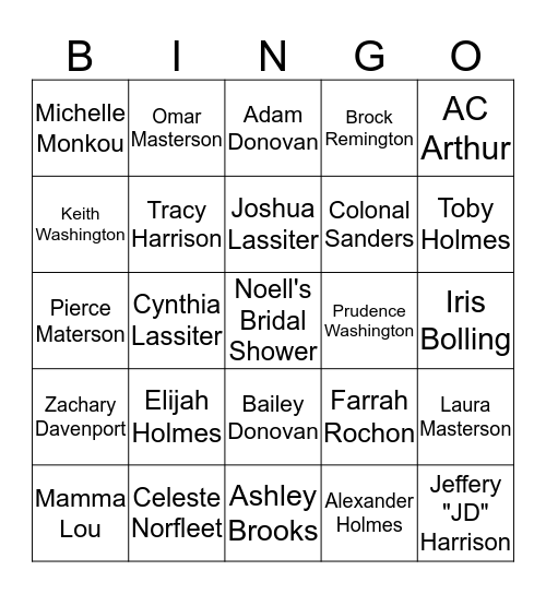 Character Names Bingo Card