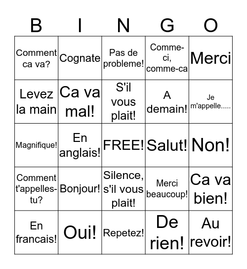 Le Vocabulaire Francais Bingo Card