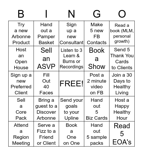 ARBONNE BINGO Card