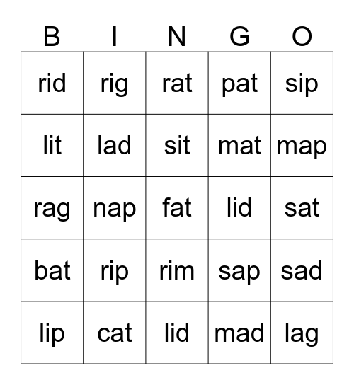 A and I words Bingo Card