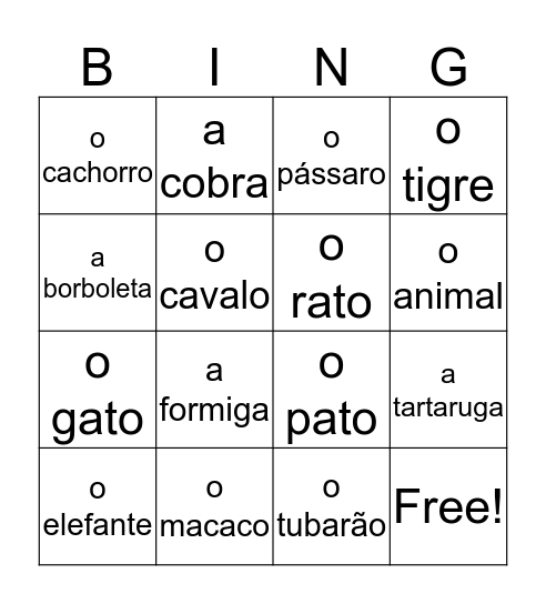 Portuguese Animals Duolingo Bingo Card