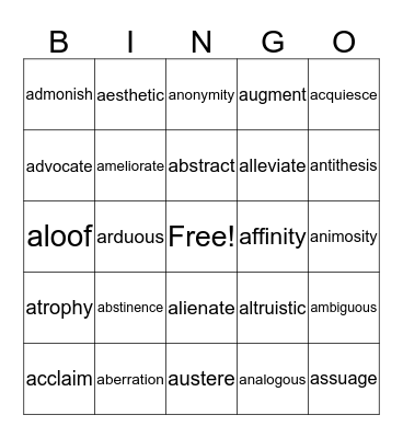 VOCABULARY BINGO Card