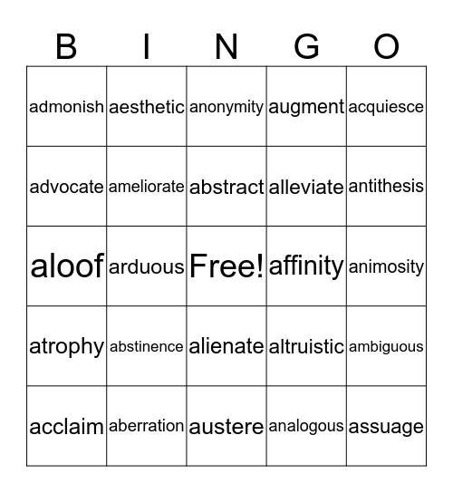 VOCABULARY BINGO Card