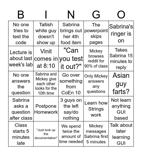 CoEn 160 Bingo Card Bingo Card