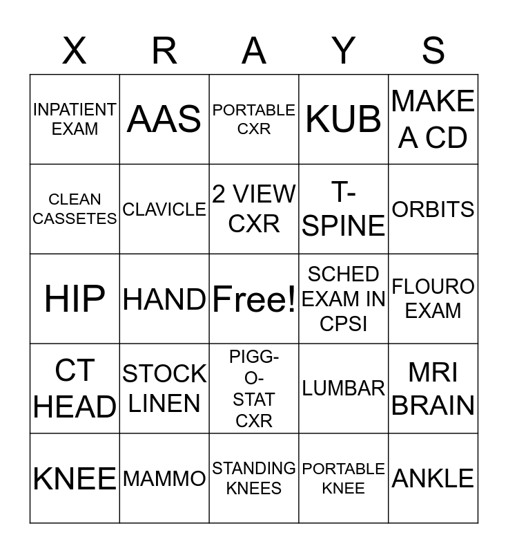 RAD TECH WEEK BINGO Card