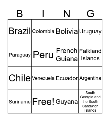 South American Countries Bingo Card