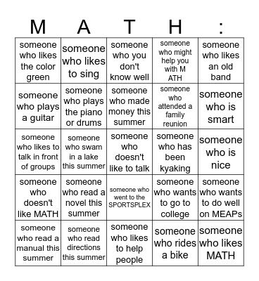 pre algebra mixer Bingo Card