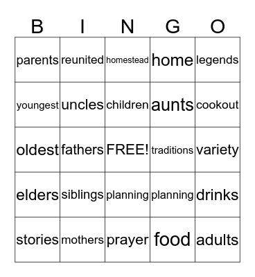 FAMILY REUNION Bingo Card
