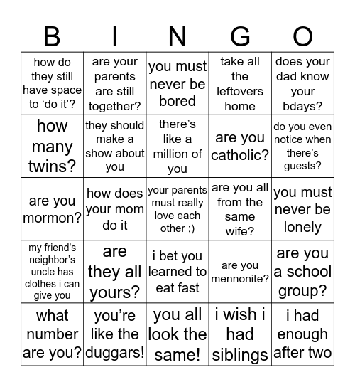 big family bingo Card