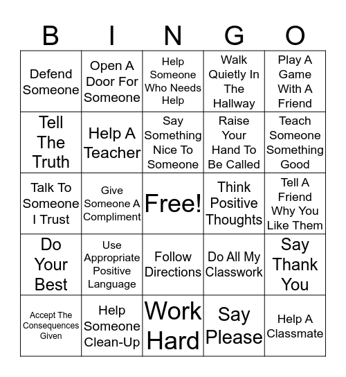 Build Good Character Bingo Card