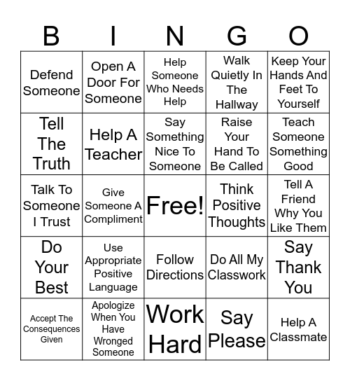 Build Good Character Bingo Card