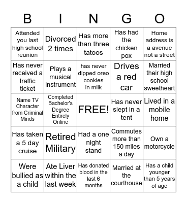 Getting Know You         Bingo Card