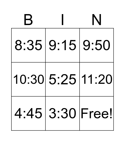 Time Bingo Card