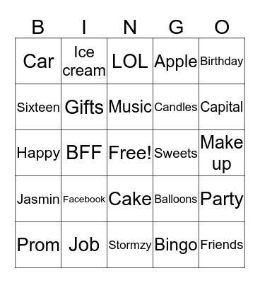 Jasmins Sweet 16 Bingo Card