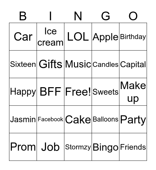 Jasmins Sweet 16 Bingo Card