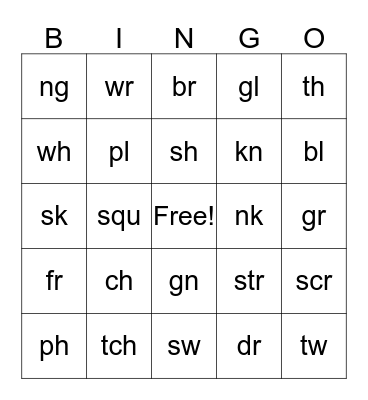 blends/diagraphs Bingo Card