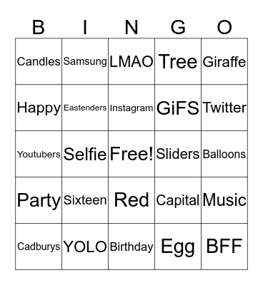 Jasmins Sweet 16 Bingo Card