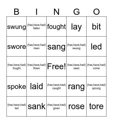 Irregular Verbs Bingo Card