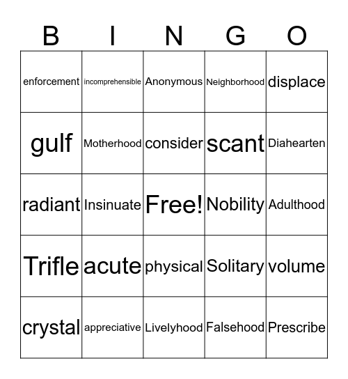 Lesson 4 Bingo Card