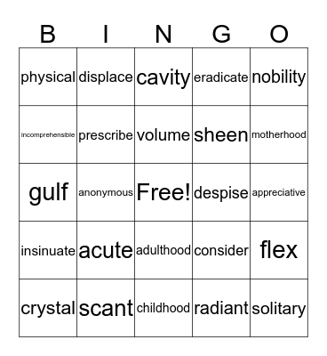 Lesson 4 Bingo Card