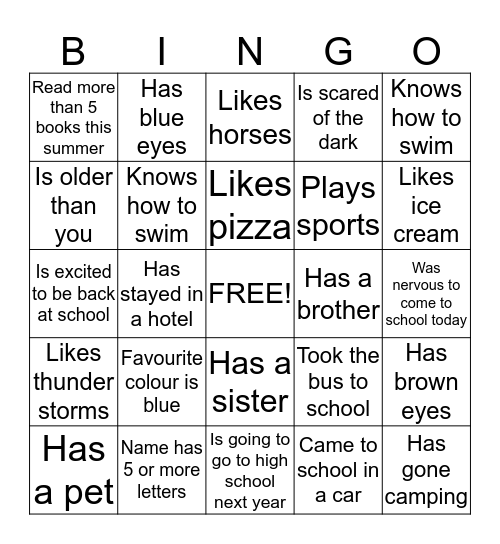 My Classmates Bingo Card