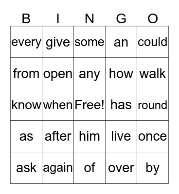 Sight Words 1 Bingo Card