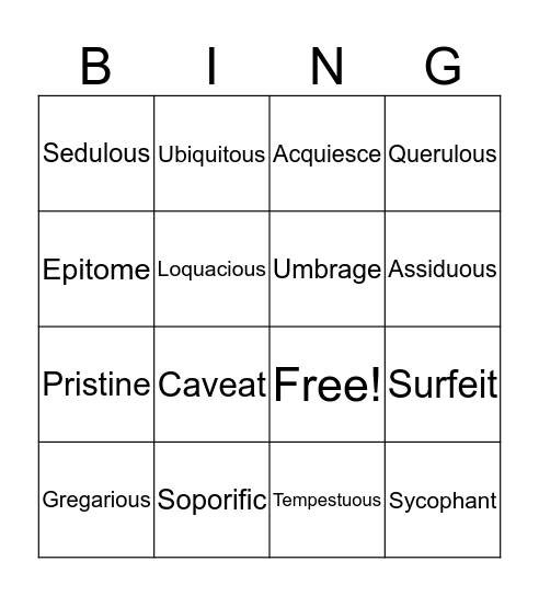 Word Wednesday Bingo Card