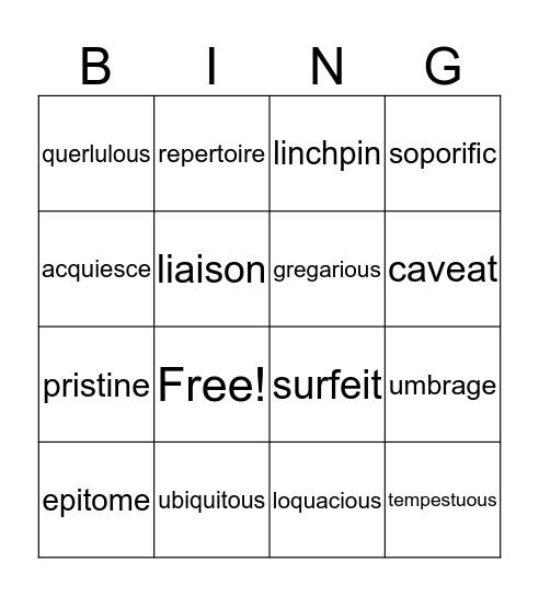 words bingo Card