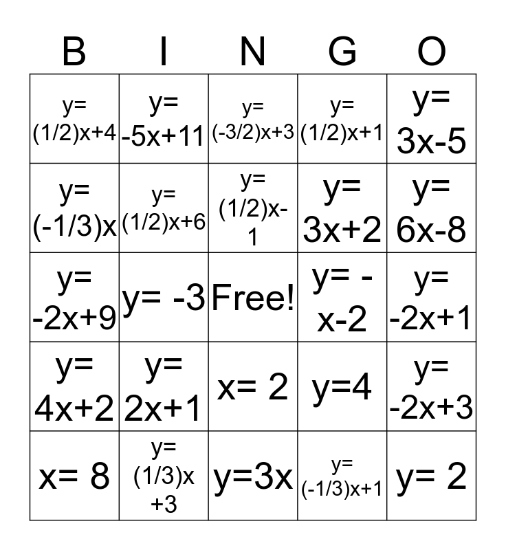 Slope Intercept Equations Bingo Card