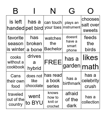 Meet & Sweets Getting To Know You Bingo Card