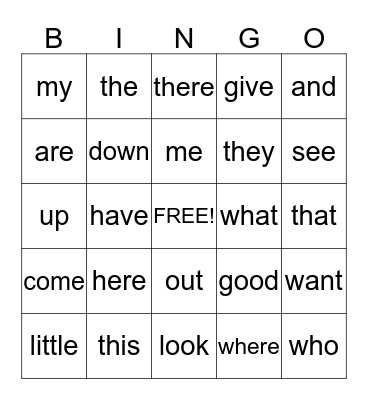 A.J.'s Sight Words Bingo Card