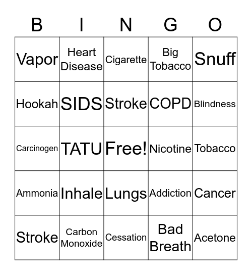 Tobacco Bingo Card