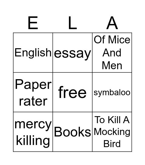 English Bingo Card