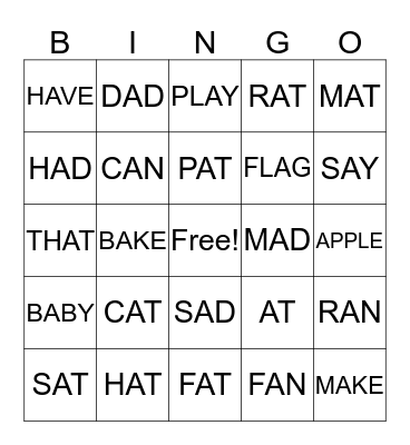 SHORT A SOUND Bingo Card