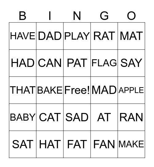 SHORT A SOUND Bingo Card