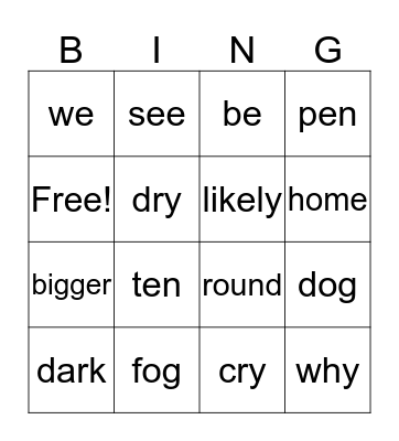 november sight words Bingo Card