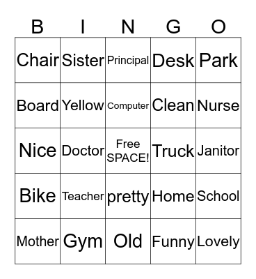 Nouns and Adjectives Bingo Card