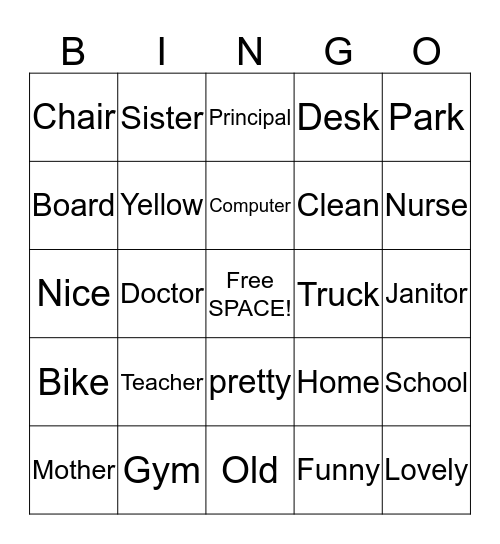 Nouns and Adjectives Bingo Card