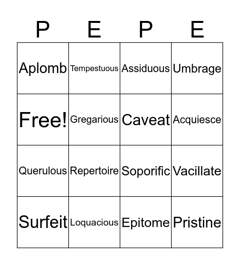 Pepe Bingo Card