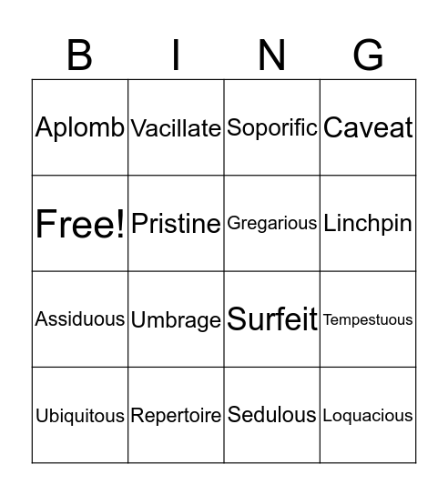 Word Wednesday Bingo Card
