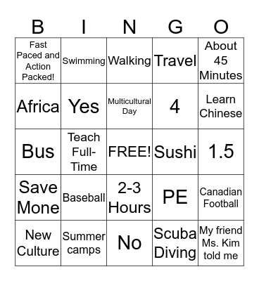 Mr. Webster Bingo Card