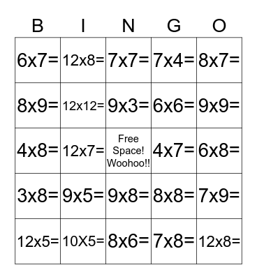 Multiplication Bingo Card