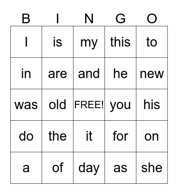 Sight words BINGO Card