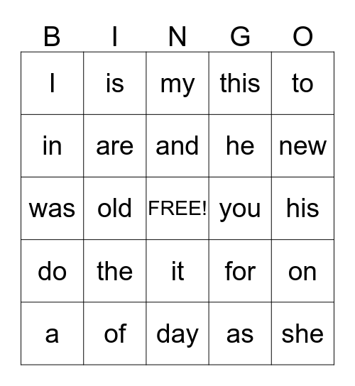 Sight words BINGO Card