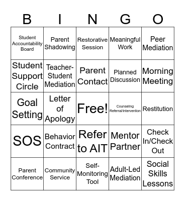 Interventions & Supports BINGO Card