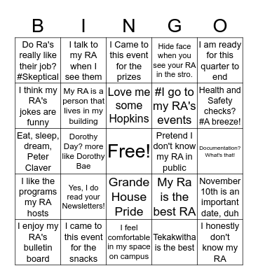 Yes Your RA's Bingo Card